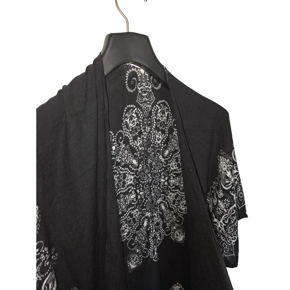 Black White Skull Medallion Print Kimono Wrap Open Front Cover Up Viscose One Sz